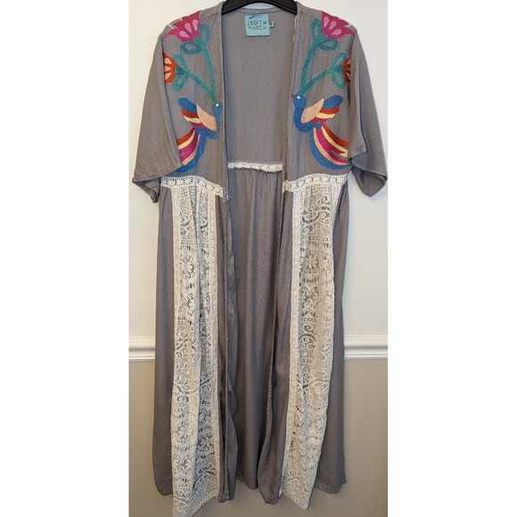 Judith March Gray Open Front Bird Floral Kimono Shawl Robe Size M Boho Artsy - Picture 2 of 7